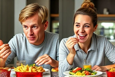 Contrast between rushed eating and mindful chewing for health.