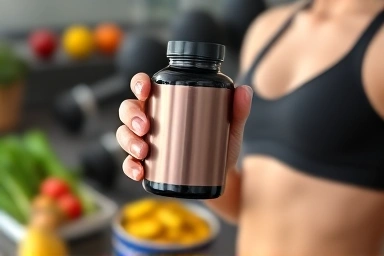 Person with supplement bottle, symbolizing healthy lifestyle and fat loss.