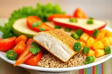 Balanced healthy meal with vegetables, protein, and grains.