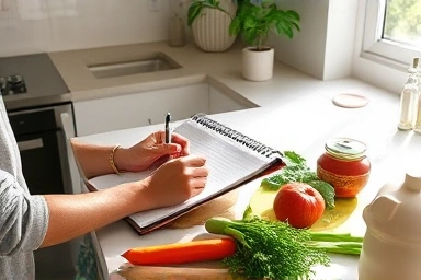 Mindful meal planning with fresh ingredients and notebook.