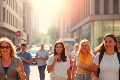 Energetic people walking briskly on a city street during morning commute.