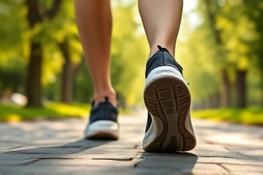 Close-up of feet in athletic shoes walking on a sunny path.