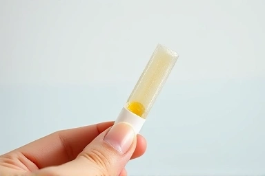 Hand holding a convenient collagen jelly stick, focus on texture.