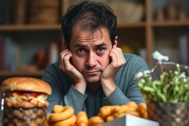 Stressed person struggling with diet and food temptations