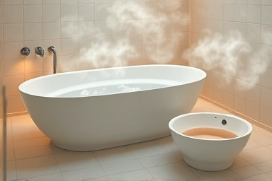 Relaxing half-body bath and foot bath in a modern bathroom.