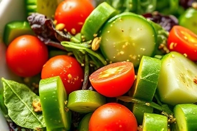 Healthy salad with olive oil, nuts, and seeds