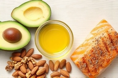 Assortment of healthy fats: avocado, olive oil, nuts, salmon