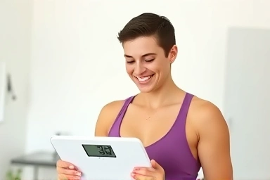 Person smiling at a digital scale, symbolizing healthy weight.