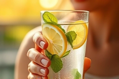 Refreshing lemon-mint infused water glass