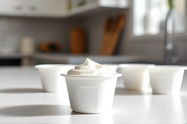 Healthy low-fat yogurt options on a kitchen counter.