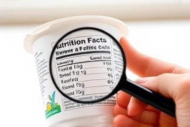 Person examining yogurt nutrition label for sugar and fat.