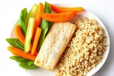 Healthy meal with vegetables, protein, and grains