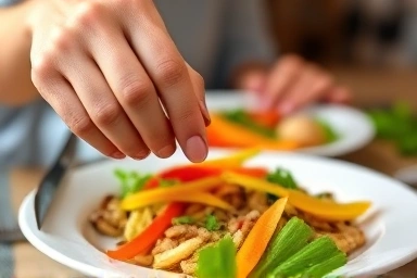 Person eating vegetables first from a healthy meal