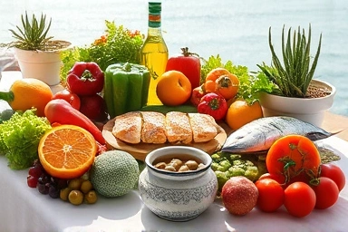 Vibrant Mediterranean diet table with fresh ingredients.