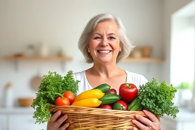 Healthy middle-aged woman with fresh produce, symbolizing menopause vitality.