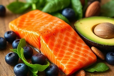 Close-up of anti-inflammatory foods: salmon, berries, greens, avocado, nuts.
