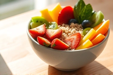 Healthy breakfast bowl with fruits, vegetables, and grains in morning light.