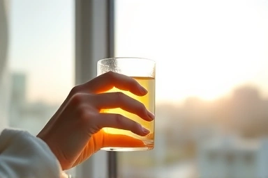 Person drinking lemon water in the morning, symbolizing freshness.