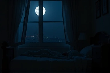Peaceful sleep, tranquil bedroom at night, moonlight