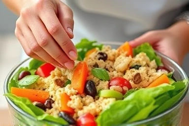Preparing a nutritious tempeh salad with fresh vegetables