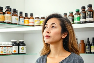 Woman choosing PMS supplements, personalized wellness, natural remedies