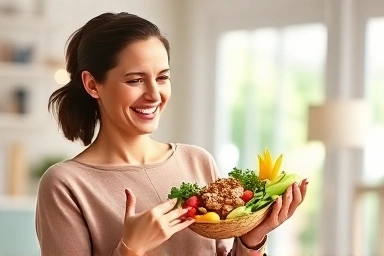 Healthy postpartum woman enjoying a balanced meal