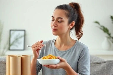 Person practicing mindful eating for sustainable weight management.