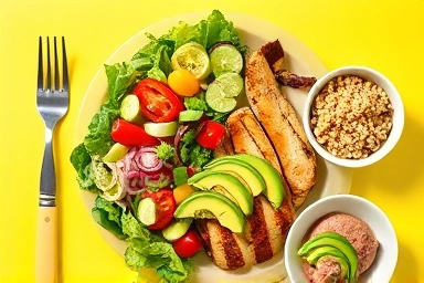 Healthy meal arranged in reverse order: vegetables, protein, fats, carbs.