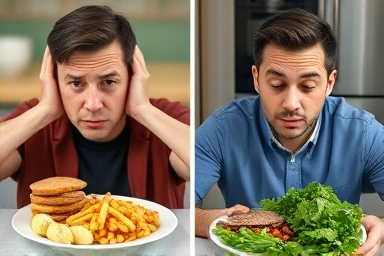 Tired person vs. energized person with different meal compositions.