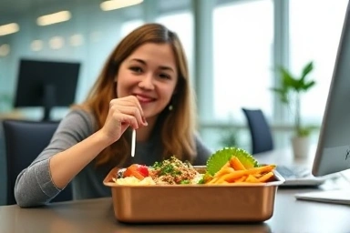 Satisfied person eating healthy diet lunchbox at office desk.