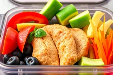 Close-up of a vibrant, filling diet lunchbox with balanced nutrients.
