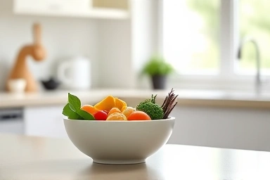 Mindful eating with a small bowl of healthy food.