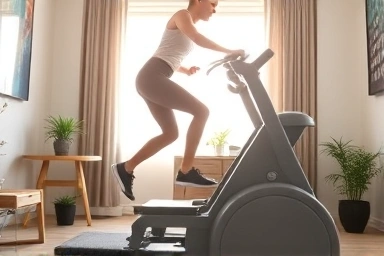 Person exercising intensely on a stepper machine at home.