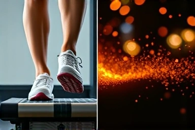 Close-up of stepper pedals and symbolic calorie burn graphic.