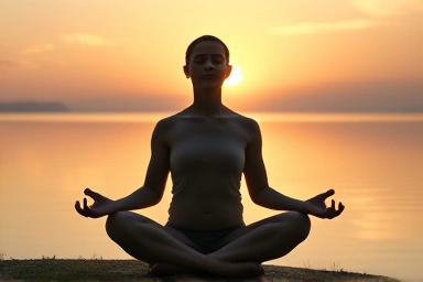 Calm person meditating, stress dissolving belly fat shadow.