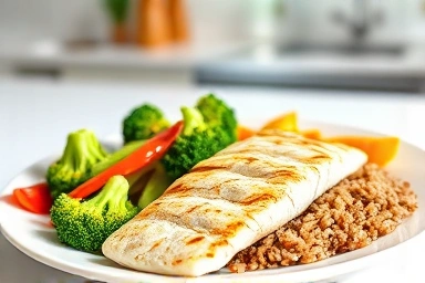 Healthy meal with fish, vegetables, and brown rice