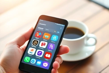 Smartphone with app icons and a coffee cup symbolizing earning.