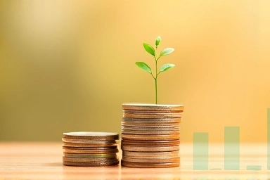 Coins and banknotes stacked with a small plant growing, symbolizing financial growth.