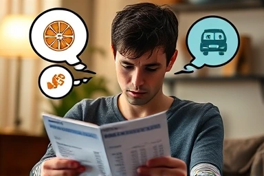 Person reflecting on spending habits with thought bubbles.