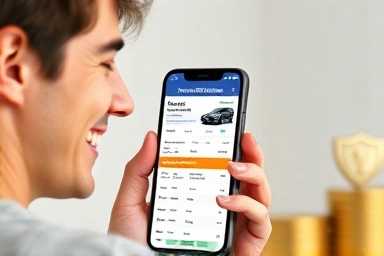 Happy person comparing car insurance online for savings