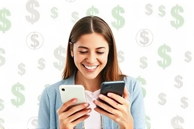 Happy person saving money on phone bill with low-cost plan