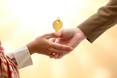 Parent giving child golden key representing future security