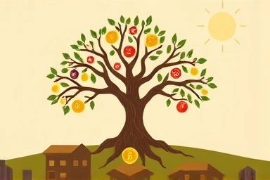 Tree of prosperity with coins symbolizing financial growth for children