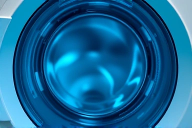 Cool blue water swirling in washing machine, symbolizing eco-friendly cleaning.
