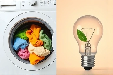 Clean clothes and glowing lightbulb with leaf, symbolizing laundry and energy saving.