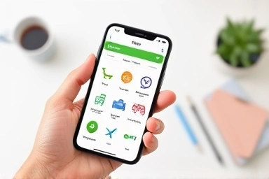 Smartphone showing money transfer and diverse spending options.