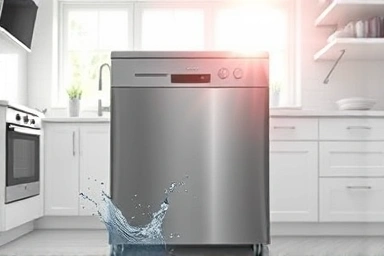 Modern dishwasher in a bright kitchen, symbolizing water efficiency.