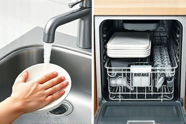Dishwasher vs. handwashing water usage comparison.