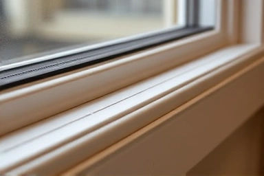 Close-up of window frame with applied weatherstripping.