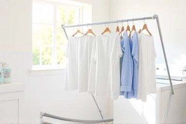 Fresh laundry drying naturally in a sunlit room.